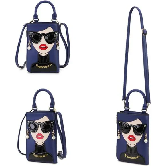 Lady Face Deep Blue Shoulder Bags Funky Vegan Leather Top Handle Satchel